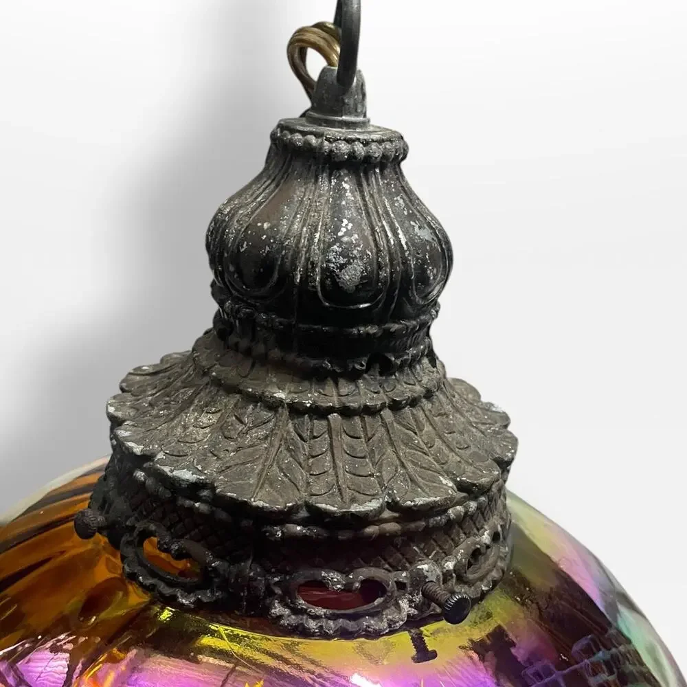 Vintage 1950s Falkenstein Style Amber Carnival Glass Hanging Swag Lamp